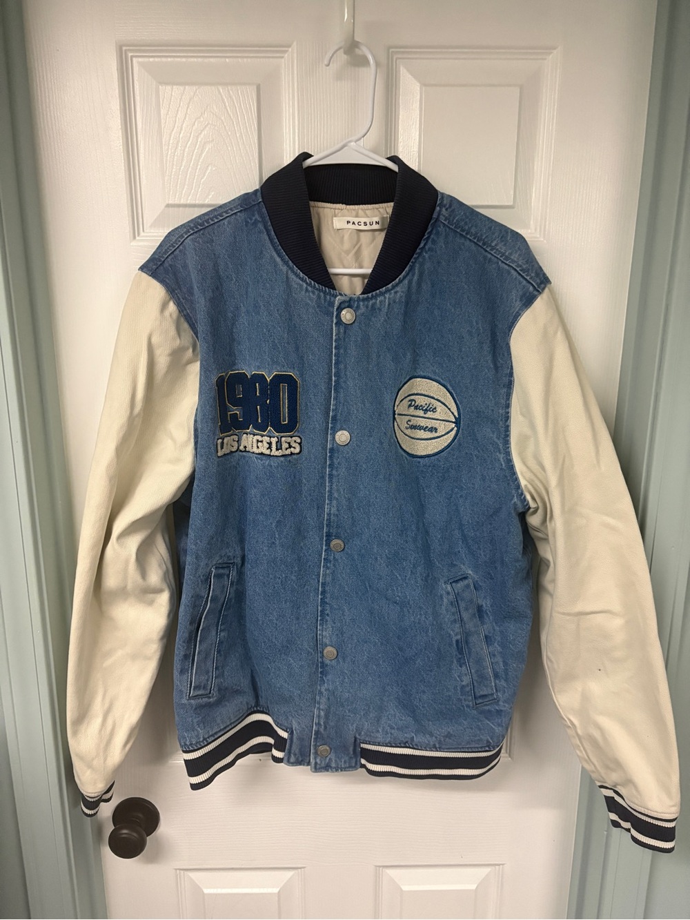 PacSun Men’s 1980 Los Angeles Denim Bomber Jacket with Cream Sleeves